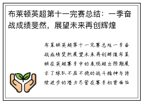 布莱顿英超第十一完赛总结：一季奋战成绩斐然，展望未来再创辉煌